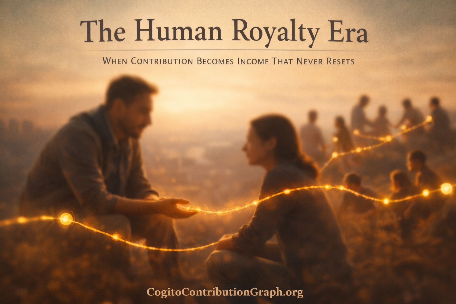 Two people in conversation connected by golden threads of light representing contribution chains spreading to others in the background at golden hour